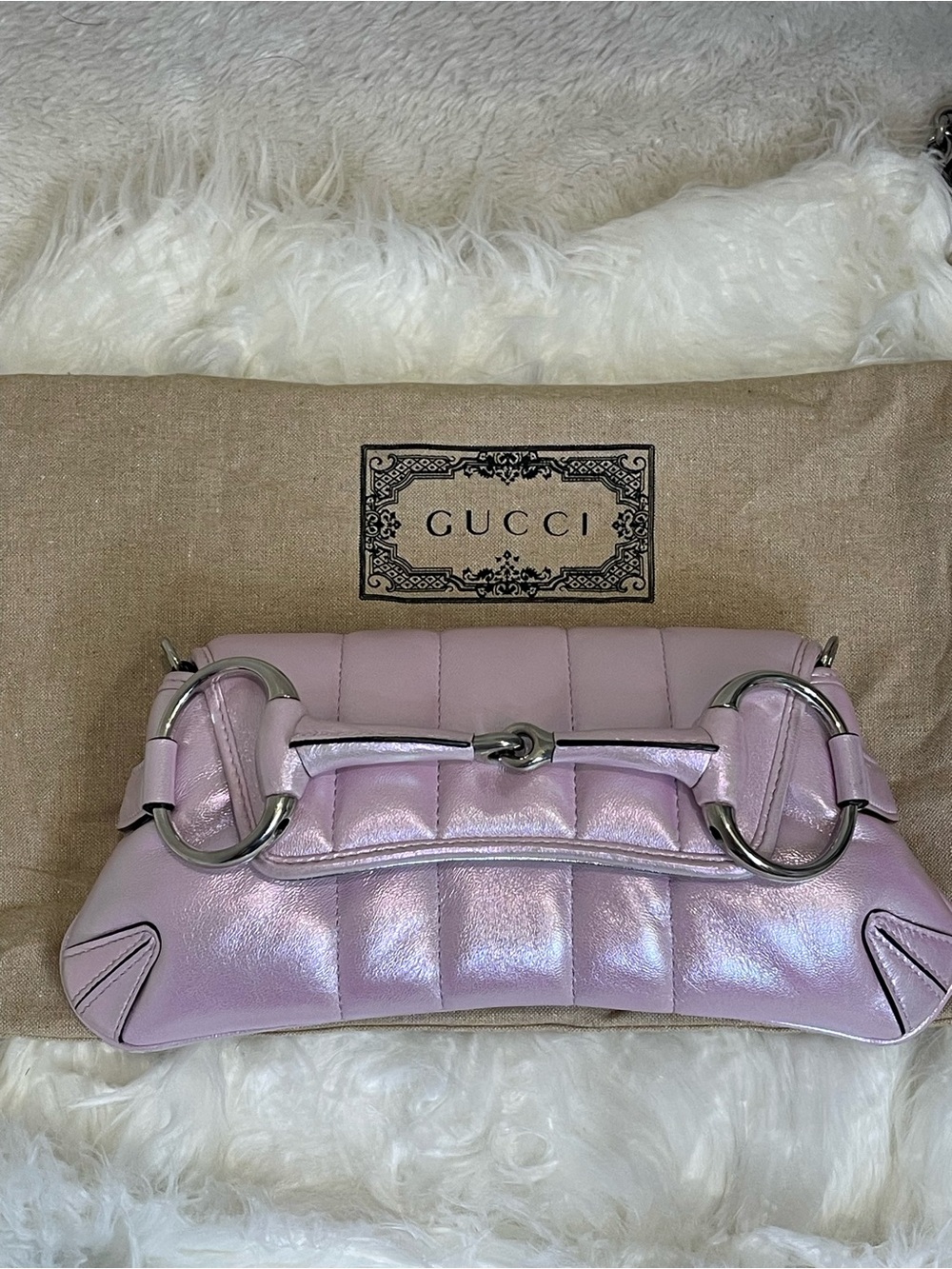 EUC Gucci Horsebit Chain Shoulder Bag Pink Iridescent Vertical Matelasse Quilted - Picture 11 of 16
